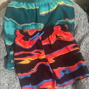 Under Armour Kids Black Swim Shorts with Red, Orange & Blue Wave Print